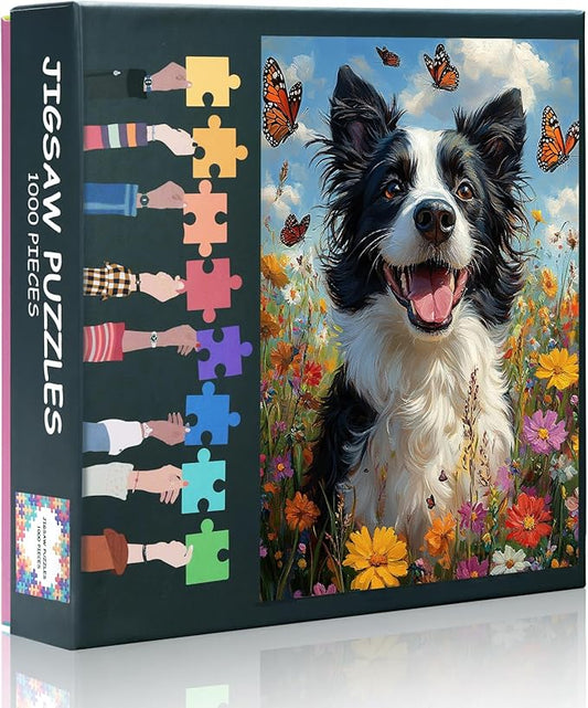 1000 Piece Puzzle for Adults, Jigsaw Puzzles 1000 Pieces for Adults - Dog and Butterfly in a Sea of Flowers, Coolest Adult Puzzles, 27.5x19.7 in