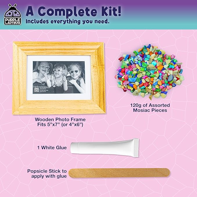 PURPLE LADYBUG DIY Mosaic Photo Frame Craft Kit - Summer Activities for Kids & Teens, Arts & Crafts for Girls 8-12, Birthday Gift for Girls, Fun Craft for Kids Ages 6-12