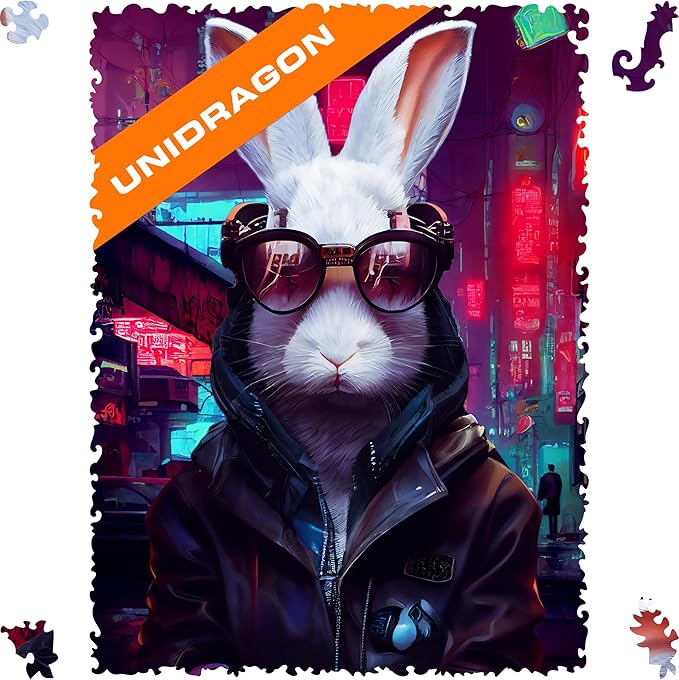 UNIDRAGON Original Wooden Jigsaw Puzzles - Pop Art Cyber Rabbit, 250 pcs, 12.6"x 9", Beautiful Gift Package, Unique Shape Best Gift for Adults and Kids