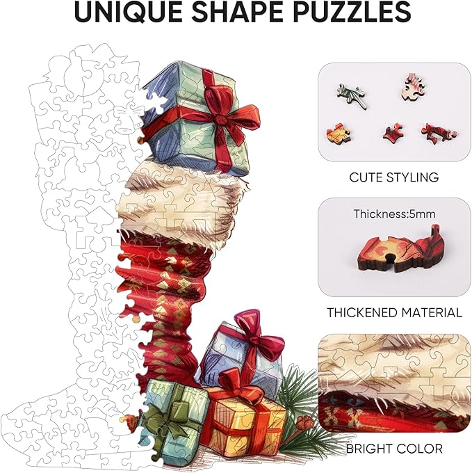 Ruikiyart Wooden Puzzles for Adults, 5MM 150 Pieces Christmas Boots Wooden Jigsaw Puzzles, Unique Shapes Pieces Christmas Puzzles Great Box Gift for Kids and Adults (9.5"x11.4")