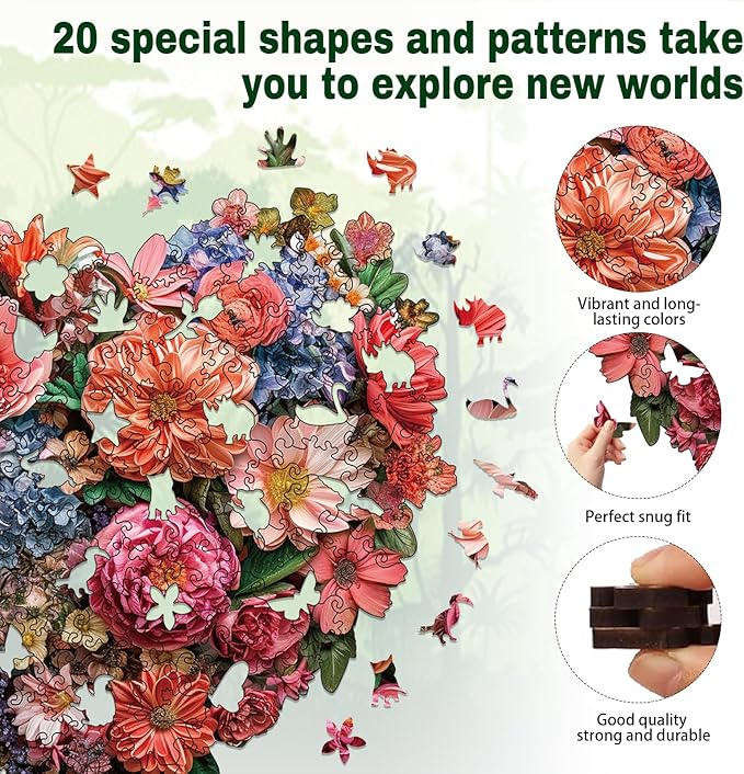 Wooden Puzzle for Adults, 200 Piece Flowers Irregular Animal Shaped Wooden Jigsaw Puzzles, Unique Puzzles for Adults, Creative Gift
