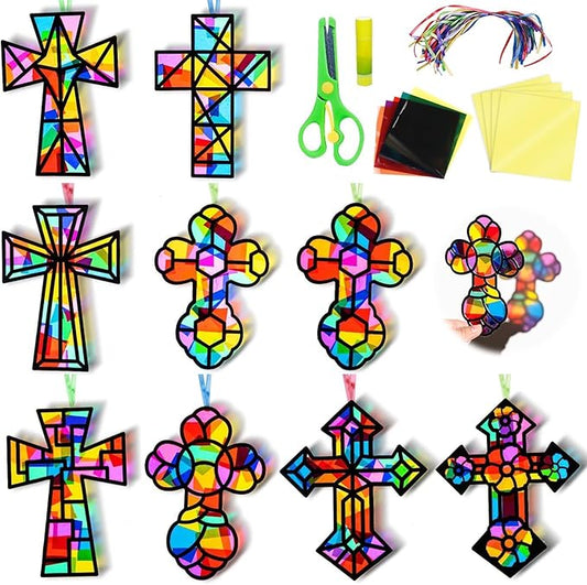 EggSun 36 Sets Cross Suncatchers Craft Kit for Kids Ornaments Stained Glass Window Arts and Crafts Kit for Sunday School Holiday Birthday Supplies Home Christian Decorations Ages 4 8 12