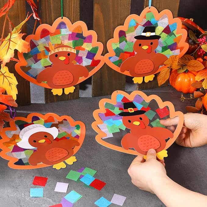 24 Sets Thanksgiving Turkey Crafts Kit DIY Tissue Paper Sign Crafts for Back to School Fall Harvest Thanksgiving Religious Christian Party Fun Home Actives