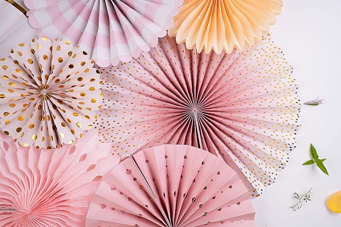 PapaKit Origami Wall Decoration Set (8 Assorted Round Paper Fans) Birthday Party Baby Shower Wedding Events Decor | Creative Art Design Pattern (Sparkling Pink Rose Blush, 8 Piece Set)