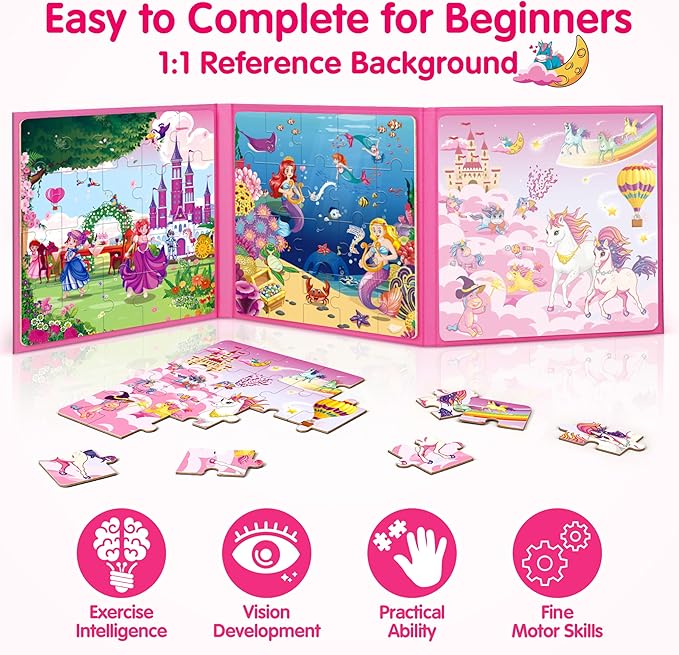 SYNARRY Unicorn Mermaid Princess Magnetic Puzzles for Toddlers 3-5 Girls, 20 Pieces Travel Puzzles for Kids Ages 4-6, Car Airplane Road Trip Activities Toys for 3 4 5 6 Year Old Girls Birthday Gifts