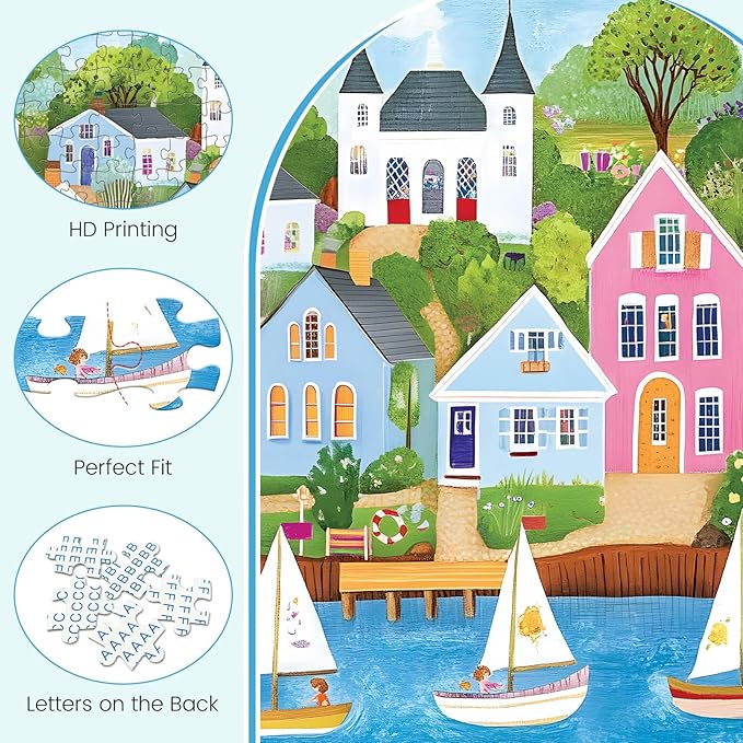 300 Piece Puzzles for Adults, Colorful Coastal Village Puzzles for Adults,Vibrant Sailboats and Cottages 300 Piece Jigsaw Puzzle, Ideal Home Decor Gift for Adults Kids Seniors, 20.5×15 in