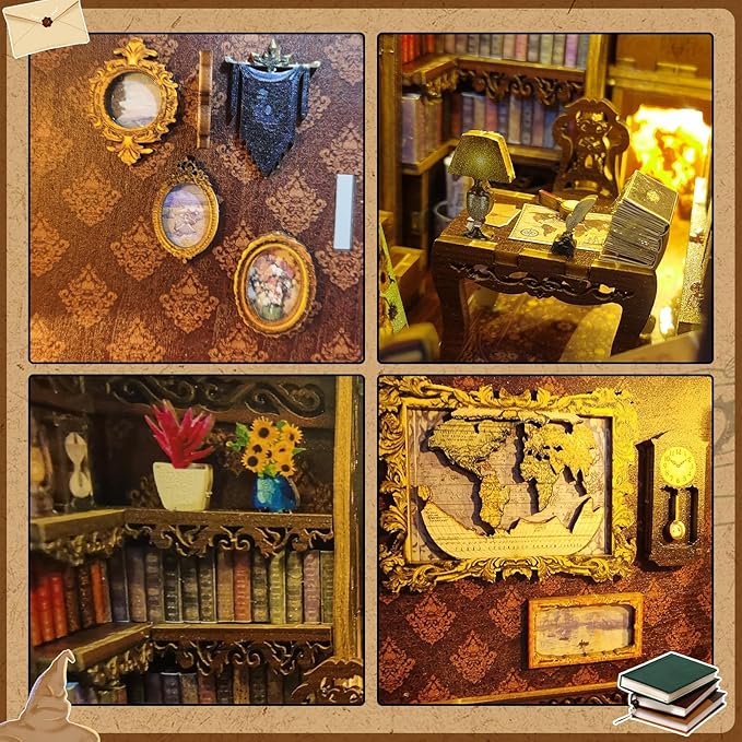 CRIOLPO Book Nook Kit - DIY Doll House Booknook, Book Nook Miniature Kit for Bookshelf Doll Houses for Adults Teen Halloween, 3D Wooden Puzzle Bookends with Sensor Led Light