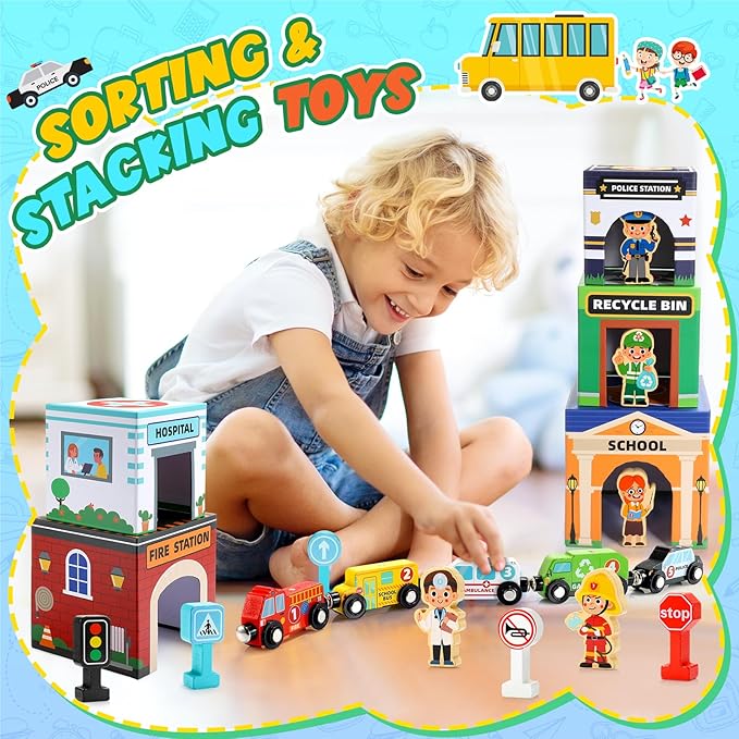 Baby Stacking Toys for Toddlers, Magnetic Wooden Cars & Garage Sorting Community Helpers Preschool Educational Learning Montessori Toys Birthday Gifts for Kids Number Blocks Nesting Boxes