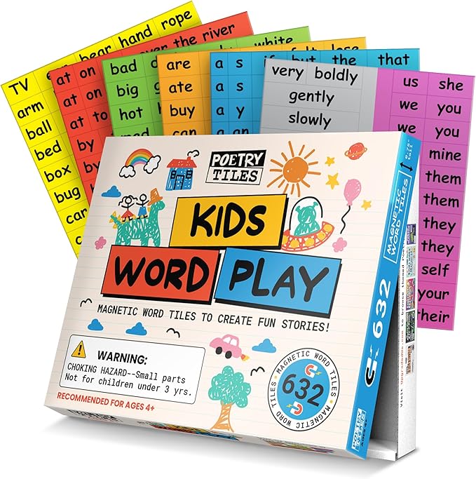 Kids Word Play – 632 Fridge Magnets for Children – Explore Sentence Building, Writing, Poetry, and Imagination with Magnet Words for Your Refrigerator – Big .75" Tall Tiles – Color-Coded