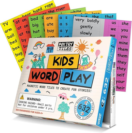 Kids Word Play – 632 Fridge Magnets for Children – Explore Sentence Building, Writing, Poetry, and Imagination with Magnet Words for Your Refrigerator – Big .75" Tall Tiles – Color-Coded