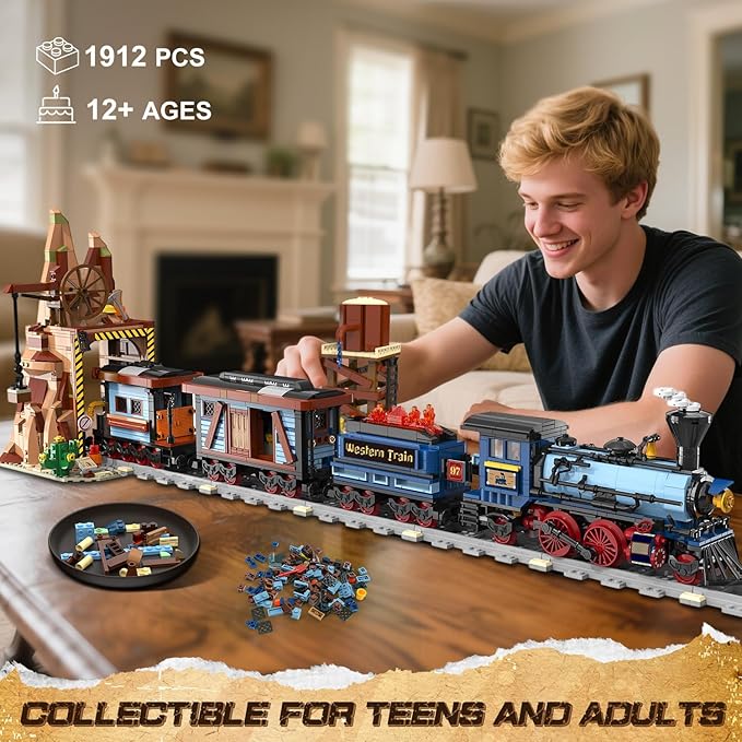 Western Train Building Set with Lights, 1912 PCS West Trains Static Display Model Toy with Tracks Windmill Water Tower, Home Office Decor Building Blocks for Adults Teens Big Boys Girls 12+