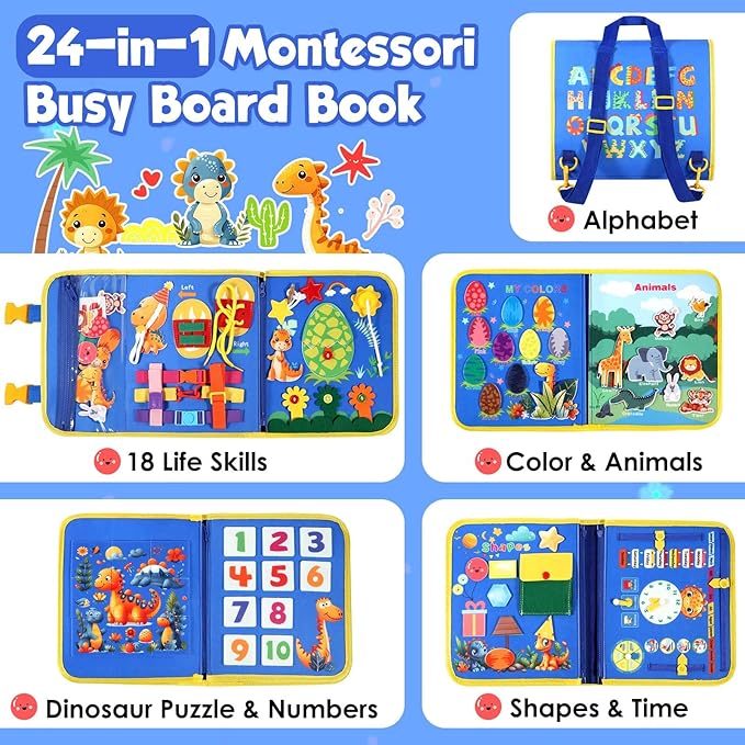 FREYBLI Toddler Busy Board, Montessori Toys for Boy Birthday Gift, Educational Quiet Activity Busy Book for Toddlers, Travel Toys for Airplane Car