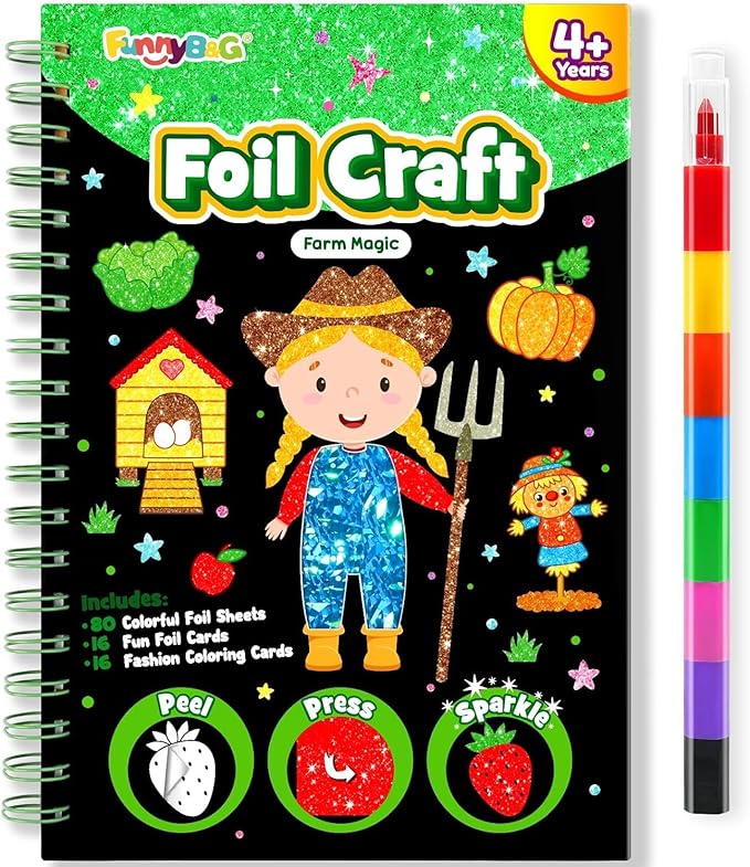 FUNNYB&G Foil Art Craft Activity for Kids - Gift for Girls Boys Crafts for Kids Fun Art Supplies DIY Creative Travel Toy, Birthday Gift Party Favor Toys for Girls Boys 4 5 6 7 8 9 Years Old(Farm)