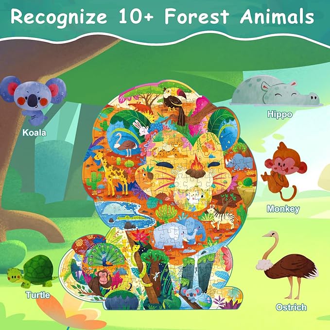 Animal Puzzles for Kids Ages 6-8 200 Piece Lion Jigsaw Puzzles Unique Animal Shape Floor Puzzle Ages 8-10 Learning Educational Toys Birthday Gift for Boys Girls Ages 10-12