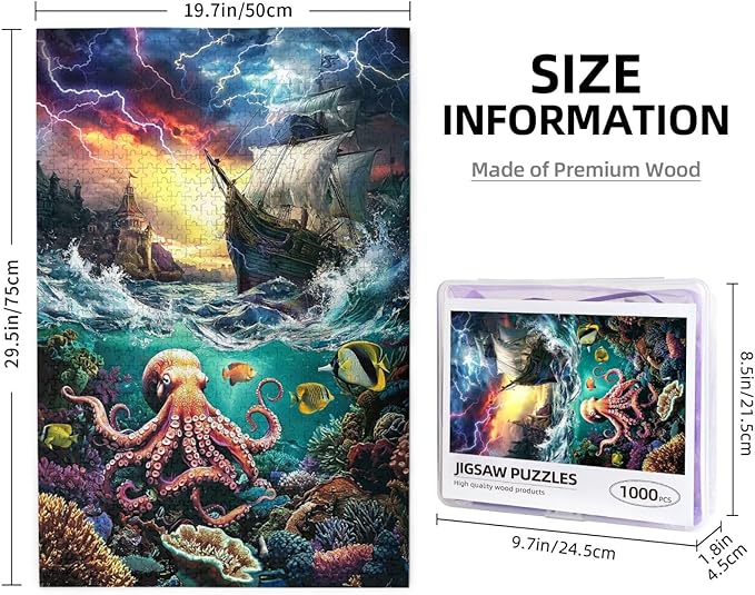 Premium 1000 Piece Jigsaw Puzzle for Adults Marine Pirate Shipoctopus Octopus Ocean Puzzle Sea World Octopus Pirate Ship Treasure Large Best New Marine Artwork Puzzle Game Gift