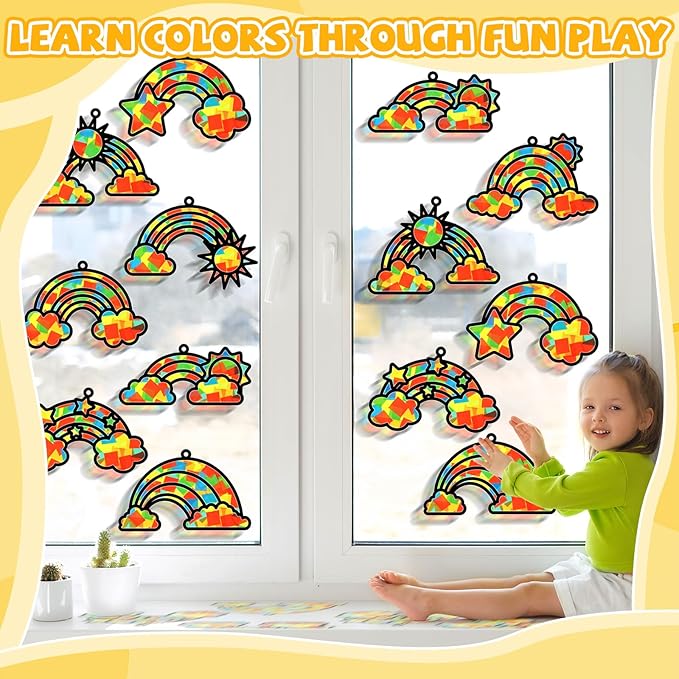 QOUBAI 32 Sets Rainbow Suncatchers Craft Kit DIY Window Stained Glass Effect Planet Rainbow Sun Paper Crafts Home School Classroom Decoration Kid Birthday Gift Creative Art Project Activity Game