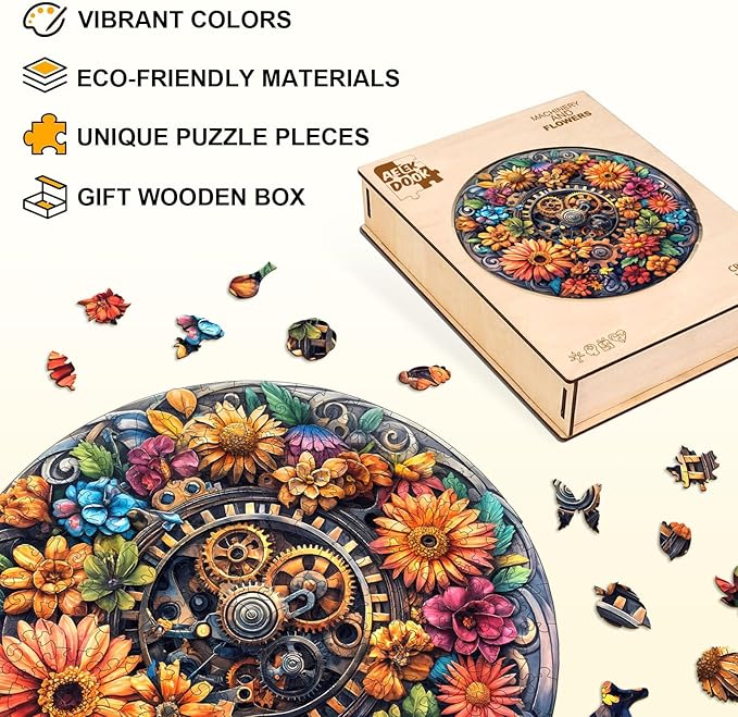 Wooden Puzzles for Adults - Machinery and Flowers Wood Puzzles Adult - Unique Animal Shape Wooden Jigsaw Puzzles for Adults - Birthday Gifts for Puzzle Lovers, Family (11.4 * 11.3in)