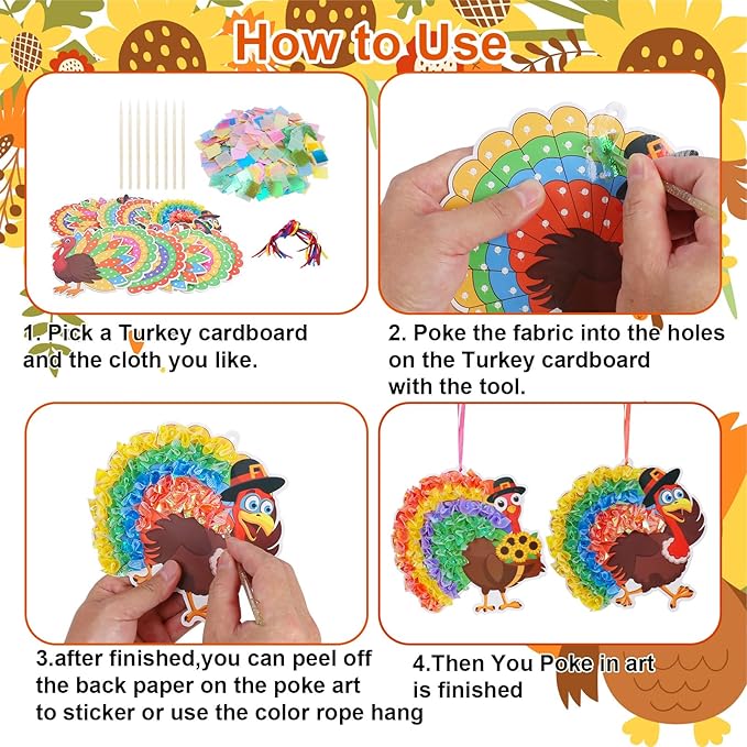 Fennoral 24 Pack Thanksgiving Turkey Crafts Kit for Kids Make You Own Turkey Poke in Arts and Crafts DIY for Boys Girls Classroom Activities Fall Decoration