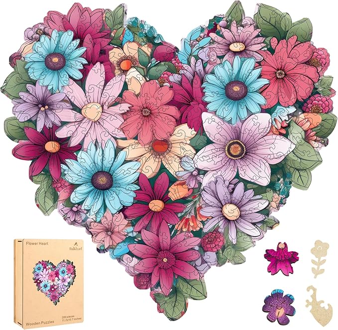 Ruikiyart Wooden Puzzles for Adults, 5MM 200 Pieces Heart Flower Wooden Jigsaw Puzzles, Unique Shapes Puzzles Great Gift for Adults and Kids on Birthday, Christmas (11.2"x10.7")