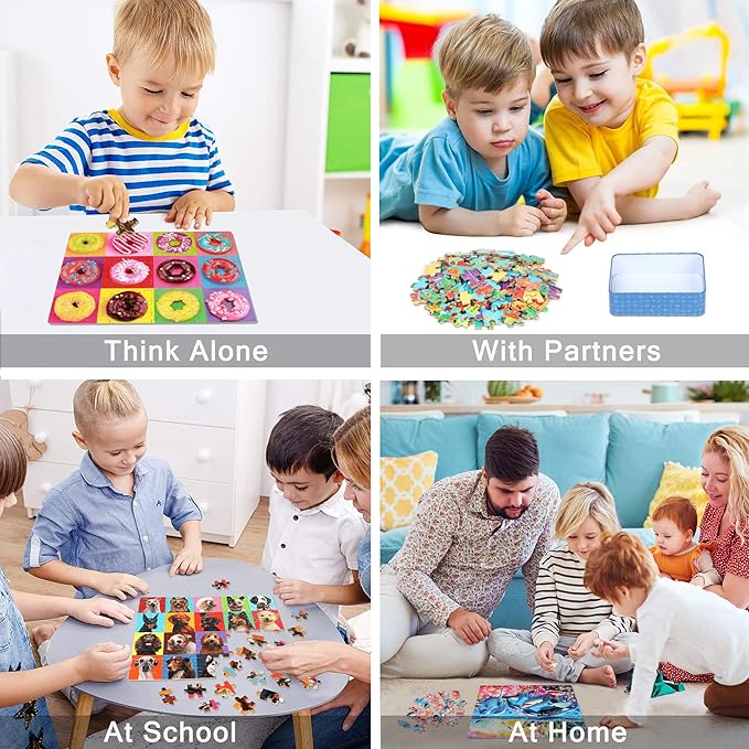 LELEMON Puzzles for Kids Ages 4-6,4-Pack 100 Piece Puzzles for Kids Ages 4-8 in a Metal Box,Dogs Donut USA Map Underwater World Educational Jigsaw Puzzles Puzzle Games Puzzle Toys for Girls and Boys
