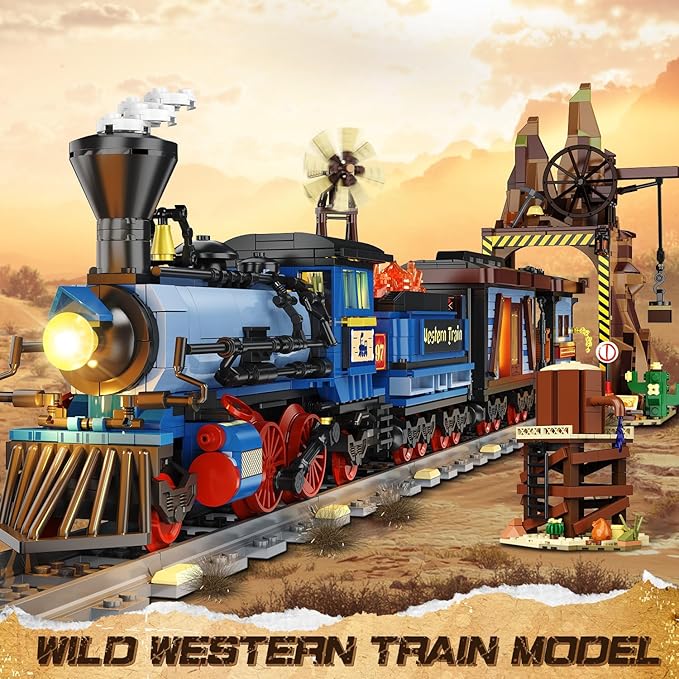 Western Train Building Set with Lights, 1912 PCS West Trains Static Display Model Toy with Tracks Windmill Water Tower, Home Office Decor Building Blocks for Adults Teens Big Boys Girls 12+