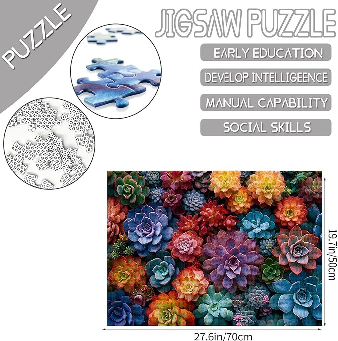 Tucocoo 1000 Piece Jigsaw Puzzles for Adults Colorful Succulent Plants Painting Puzzle Vibrant Florals Art 1000 Pieces Puzzles for Challenging Family Activity Game DIY Puzzle Wall Decor Gifts