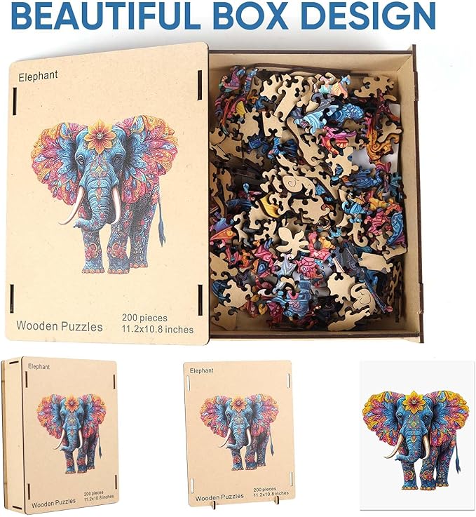 Wooden Jigsaw Puzzle, 500 Pcs Unique 3D Shape Jigsaw Puzzles, Wood Puzzle Gift Box Packing, Medium Size Letter, Creative Gift for Adults and Kids, Fun Challenging (EA2Elephant, 500PCS)