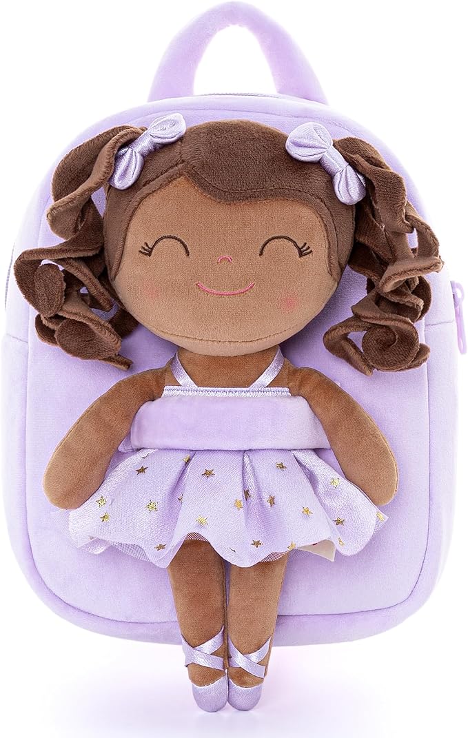 Gloveleya Toddler Backpack Baby Ballerina Girl Gifts Plush Curly Hair Ballet Backpack - Black Purple 9 inches