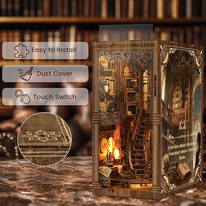 Book Nook Kit - DIY Enchanted Cottage Miniature House for Adults & Teens, 3D Wooden Puzzle Booknook with LED Lights, Bookshelf Insert Decor & Creative Model Building（Antique Books Collection Room）