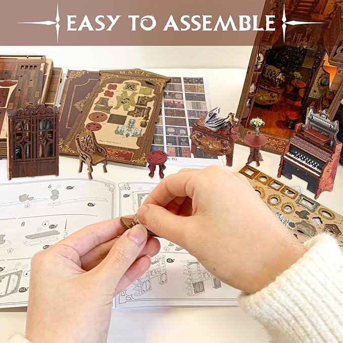 CRIOLPO Book Nook Kit - DIY Doll House Booknook, Book Nook Miniature Kit for Bookshelf Insert Decor Crafts for Adults Teen Halloween, 3D Wooden Puzzle Bookends with Sensor Led Light