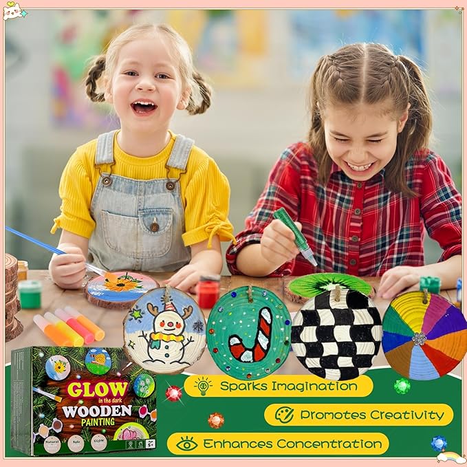 Wood Painting Art Kits for Kids - Arts and Crafts for Kids Ages 6-9 8-12, Gifts for Girls Boys Art Supplies, Glow in The Dark Wooden Painting Set, Birthday Christmas Gift Party Activities