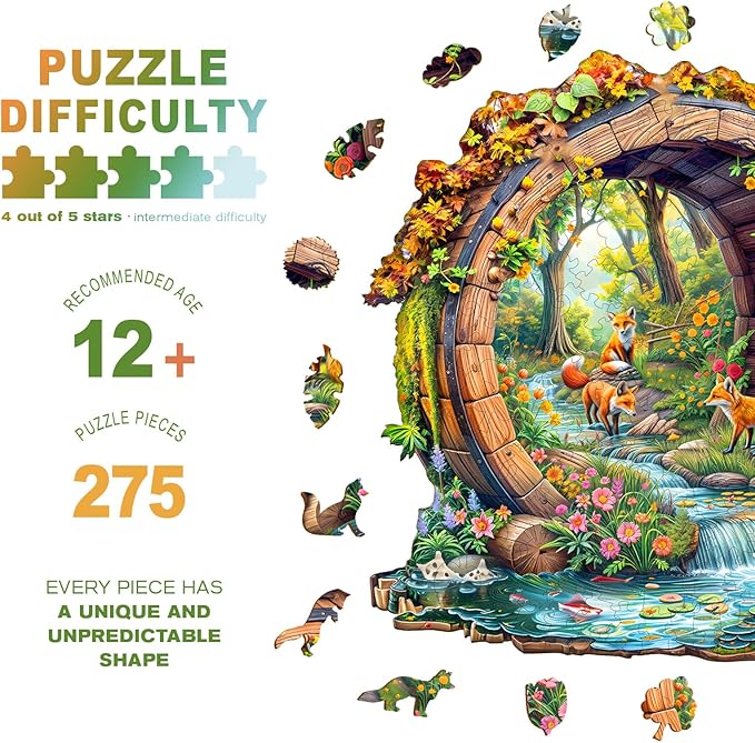 Wooden Puzzles for Adults - Happy Foxes Wooden Jigsaw Puzzle - Unique Animal Shaped Wood Puzzles Adult - Christmas Birthday Gifts for Adults/Friends/Family - 275pcs 13.4 * 13.2in