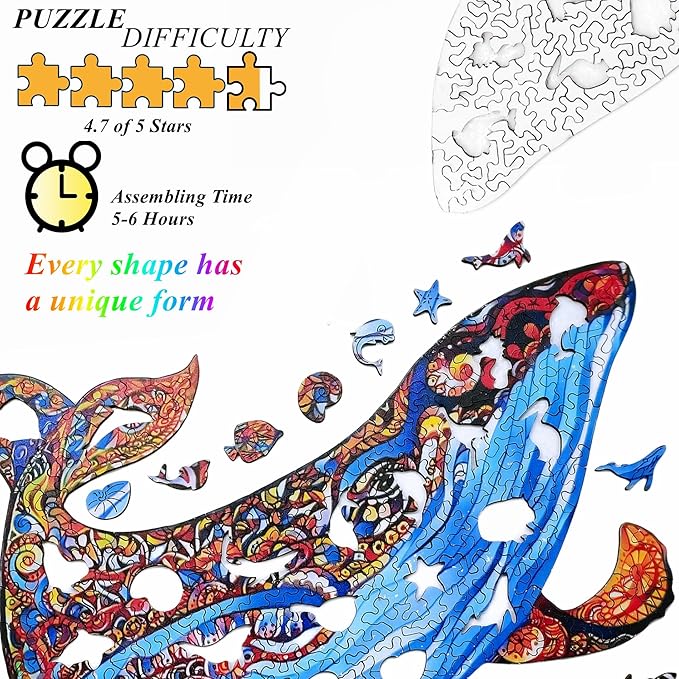 Wooden Jigsaw Puzzle for Adults,Blue Whale Animals Shaped Magic Puzzle Pieces Best Gift for Adults,Can be Used as a Cool Mouse Pad,225pcs,(19.29 * 12.79 inches)