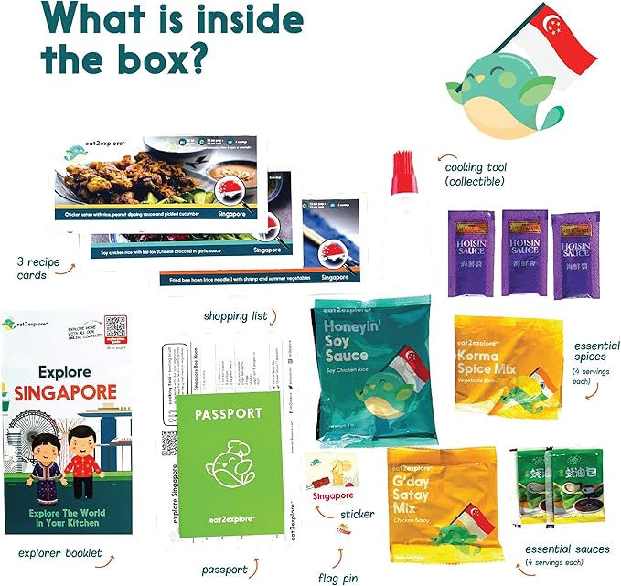 eat2explore Cooking Kits for Kids - Interactive & Educational Set with 3 Recipe Cards, Key Ingredients & Cooking Tools - Ideal Idea for Kids who Love to Create Meals (Singapore Edition)