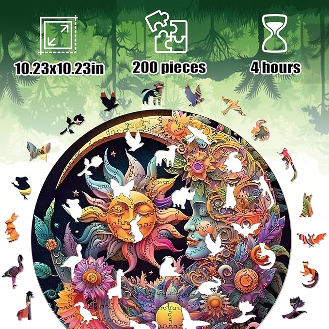 Wooden Puzzles for Adults, 200 Pieces Sun and Moon Uniquely Irregular Animal Shaped Wooden Jigsaw Puzzles, Creative Gift for Teenagers and Adults