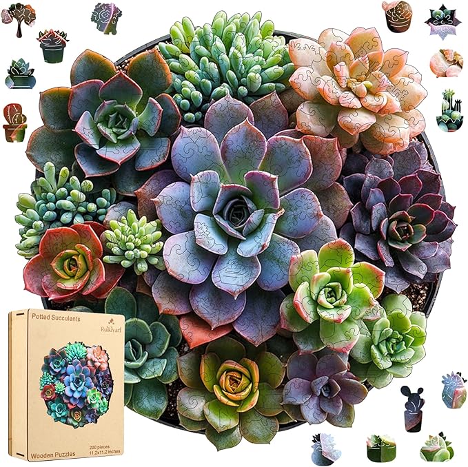 Wooden Puzzle for Adults, 200 Pieces Round Mandala Flower Wooden Puzzles,Extra Thick 5MM,Unique Shaped Liberty Succulents Wood Jigsaw Puzzles for Adults and Kids,Birthday Gifts,11.2x11.2 Inches
