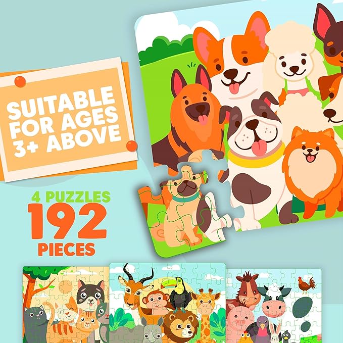 Jumbo Wooden Floor Puzzle for Kids Ages 3-5 - 4 Pack Animal Puzzles, 48 Piece Each |Educational Preschool Toddler Puzzle Gift Set, Safe & Durable Preschool Learning Toy for Boys & Girls| oddler Puzzle