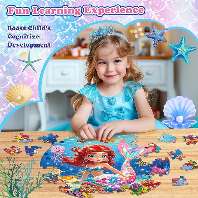 72 Pieces Shimmery Jumbo Mermaid Floor Puzzle for Girls 3-5 4-6 Age Floor Puzzles for Boys and Girls Large Round Floor Jigsaw Puzzles (Mermaid)