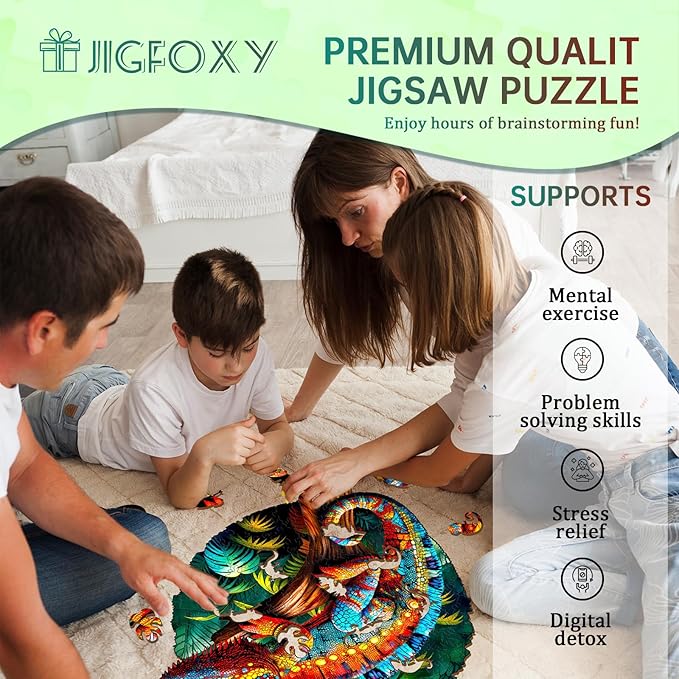 Jigfoxy Wooden Puzzles for Adults, Chameleon Wood Puzzles Adult, Unique Animal Shape Wooden Jigsaw Puzzles for Adults, Birthday Gifts for Puzzle Lovers, Family, Friend (L-13.6 * 13.5in-300pcs)