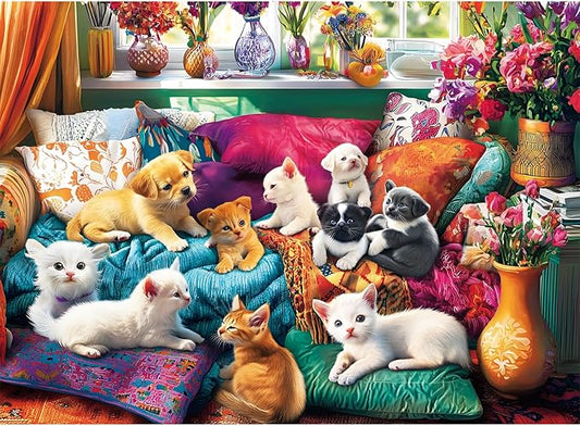 300 Piece Puzzles for Adults, Dogs Kittens on The Sofa at Play Puzzle for Adults Kids Seniors,Large Piece Puzzle for Kids Ages 8-10 10-12,Funny Sleepy Cats Puzzles Perfect for Game Nights,20.5x15 in