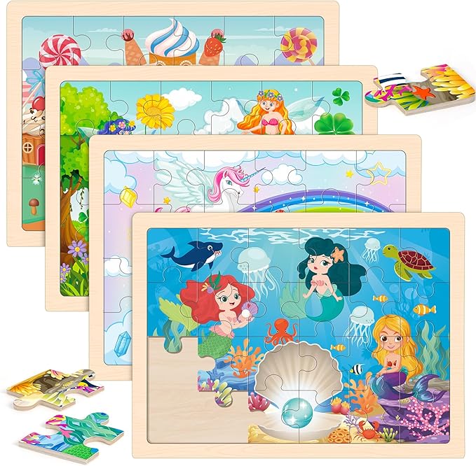 Wooden Princess Puzzles for Kids Age 3 4 5 Year Old, 4 Pack 24 Pcs Montessori Toddler Jigsaw Puzzles for Girl boy Activities Preschool Learning Educational Birthday Gift Travel Autistic Wooden Toys