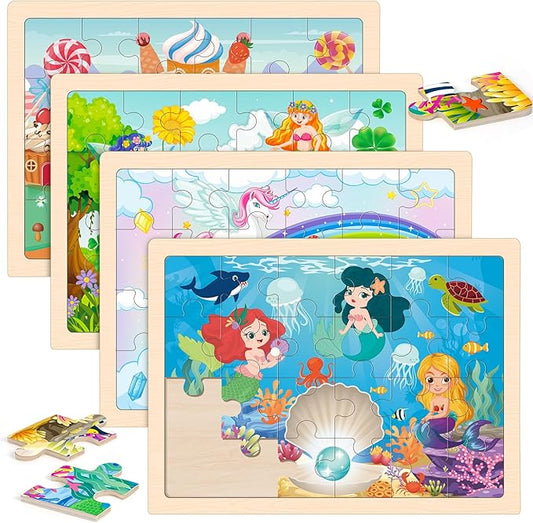 Wooden Princess Puzzles for Kids Age 3 4 5 Year Old, 4 Pack 24 Pcs Montessori Toddler Jigsaw Puzzles for Girl boy Activities Preschool Learning Educational Birthday Gift Travel Autistic Wooden Toys