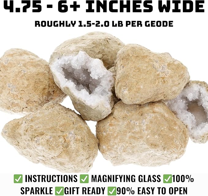 Jumbo Break Your Own Geodes Kit – 2 Natural Geodes 4.5 to 5.5+ Inches - Magnifying Glass & Learning Guide – Fun STEM Activity for Kids Easy-to-Open - Jumbo