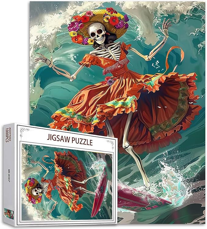 Tucocoo Skull Surfing Ocean Jigsaw Puzzles for Adults 1000 Pieces, Dancing Skeleton Mexican Dress Art Puzzle Colorful DIY Craft Puzzles for Home Decoration Gift, Family Puzzle Perfect for Game Nights