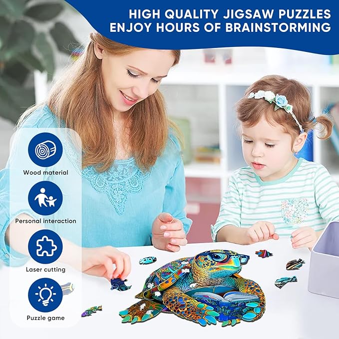Wooden Puzzles for Adults, Sea Turtle Jigsaw Puzzles 200 Pieces, Unique Shaped Ocean Wooden Puzzle for Adults and Kids, Fun Challenge Family Game 10.8 x 12.6 Inch