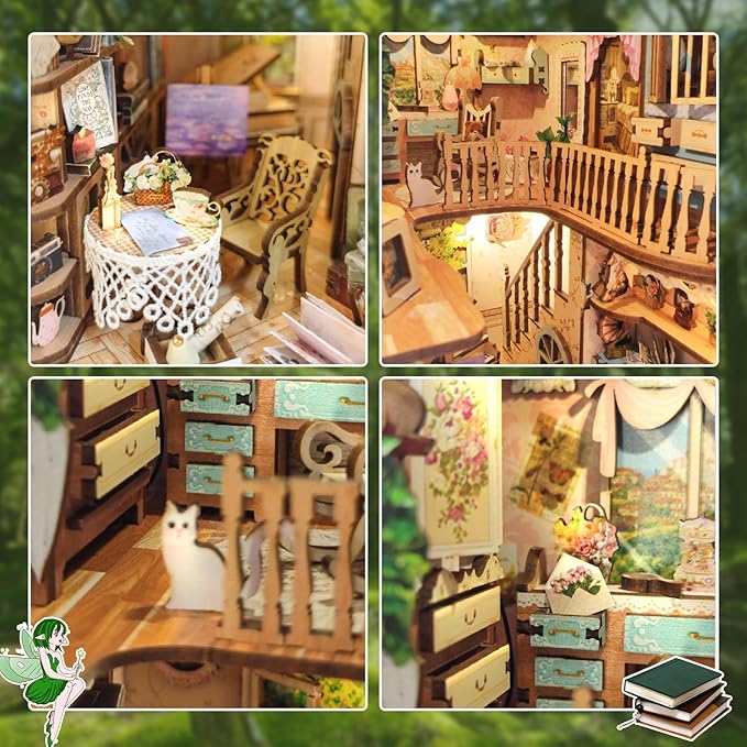CRIOLPO Book Nook Kit - DIY Doll House Booknook, Book Nook Miniature Kit for Bookshelf Insert Decor Craft for Adult Teen Halloween, 3D Wooden Puzzle Bookends with Sensor Led Light