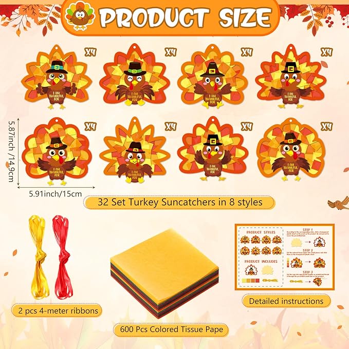 Funrous 32 Set Thanksgiving Turkey Suncatcher Craft Kit Autumn DIY Hanging Ornaments Window Stained Glass Effect Art Colorful Tissue Paper Crafts Fall Thanksgiving Home Classroom Decorations Supplies