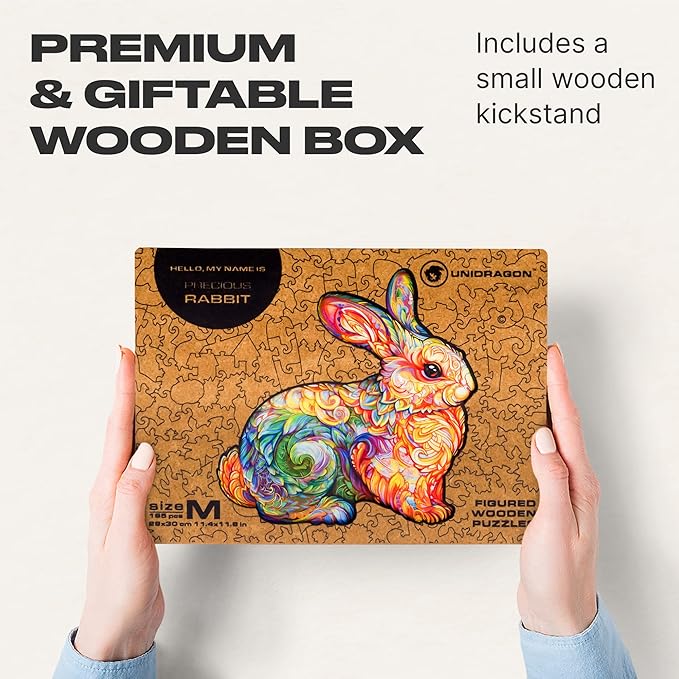 UNIDRAGON Original Wooden Jigsaw Puzzles - Precious Rabbit, 195 Pieces, Medium Size 11.4"x11.8", Beautiful Gift Package, Unique Shape Best Gift for Adults and Kids