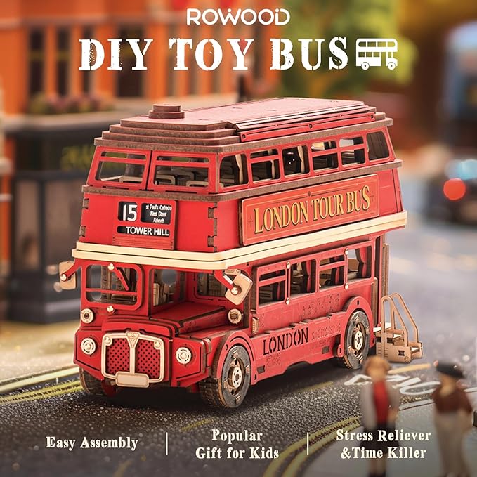 rowood 3D Puzzles for Adults,DIY Bus Toy Wooden Model Kit Building Set,Birthday/Christmas Gift for Adults-London Bus