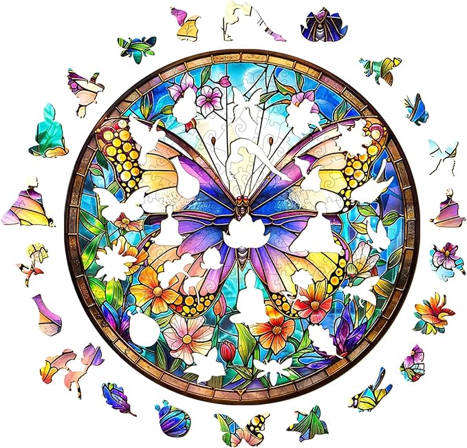 Wooden Puzzle for Adults-Colorful Butterfly Wooden Puzzle Unique Shape Advanced Wooden Jigsaw Puzzle for Adult, Wood Puzzles,Challenge Wooden Jigsaw Puzzle (M-11.4 * 11.4in-200pcs)